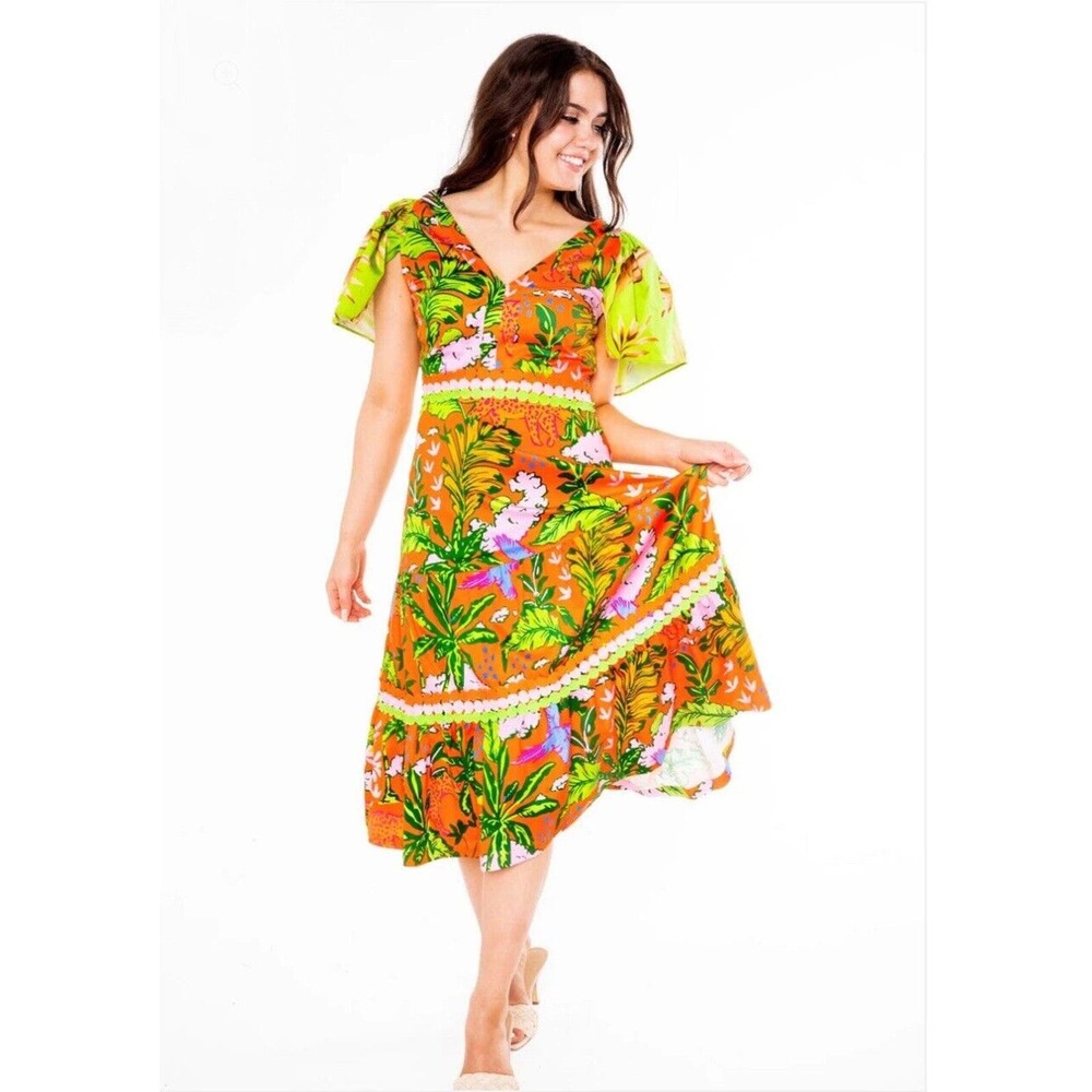 Alden Adair Diana Jungle Cruise Midi Dress Sz M Vacation Resort Tropical $392